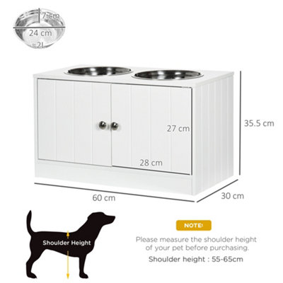 PawHut Raised Pet Feeding Storage Station with 2 Stainless Steel Bowls Base for Large Dogs and Other Large Pets, White