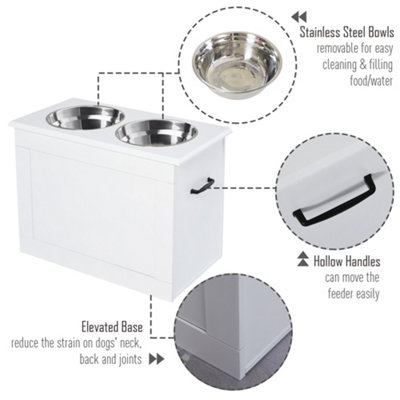 PawHut Raised Dog Bowls Pet Feeding Storage Station with 2 Stainless Steel Bowls Base for Large Dogs and Other Large Pets, White