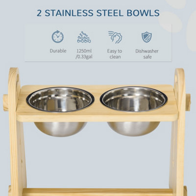 PawHut Raised Dog Bowls with Stand Adjustable Raised Pet Feeder with 2 Removable Stainless Steel Bowls