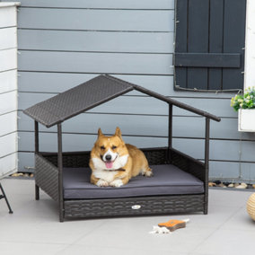 PawHut Rattan Wicker Dog House, Rattan Pet Bed with Soft Cushion, Cat Basket - Grey
