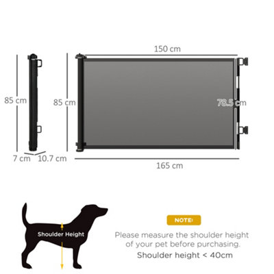 PawHut Retractable Stair Gate for Dogs 150cm Extendable, 85cm Tall, Extra Wide Foldable Mesh Pet Safety Gate-Black
