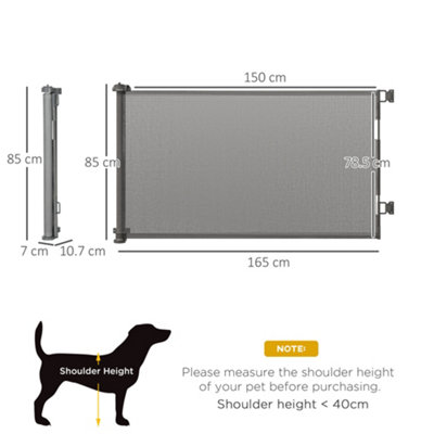 PawHut Retractable Stair Gate for Dogs 150cm Extendable, 85cm Tall, Extra Wide Foldable Mesh Pet Safety Gate-Grey