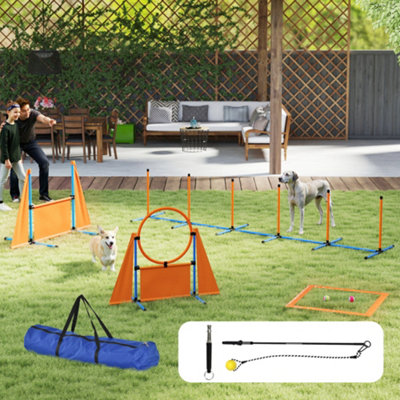 View of PawHut Seven-Piece Dog Agility Equipment, Obstacle Training Course Kit
