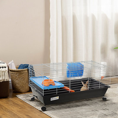 PawHut Small Animal Cage Rabbit Guinea Pigs Chinchillas Cage w/ Wheels Water Bottle Food Dish Platform Ramp 89 x 44 x 43 cm Black