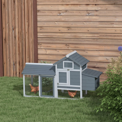 PawHut Small Chicken Coop Hen Cage Nesting Box w/ Outdoor Run Grey 150.5x54x87 cm