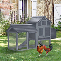PawHut Small Chicken Coop Hen Cage Nesting Box w/ Outdoor Run Grey 150.5x54x87 cm