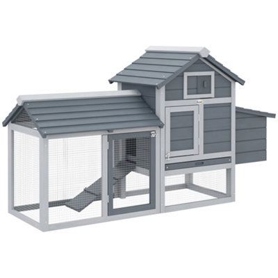 PawHut Small Chicken Coop Hen Cage Nesting Box w/ Outdoor Run Grey 150.5x54x87 cm