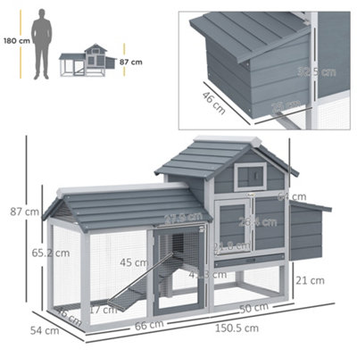 PawHut Small Chicken Coop Hen Cage Nesting Box w/ Outdoor Run Grey 150.5x54x87 cm - 3