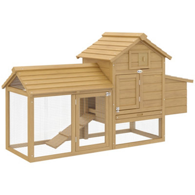 PawHut Small Chicken Coop Hen Cage Nesting Box w/ Outdoor Run Natural 150.5x54x87 cm