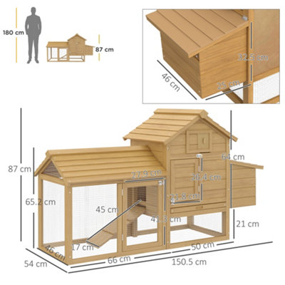 PawHut Small Chicken Coop Hen Cage Nesting Box w/ Outdoor Run Natural 150.5x54x87 cm - 3
