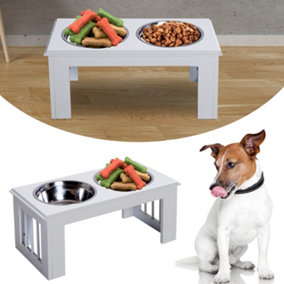 PawHut Stainless Raised Feeding Bowls with Stand for Small Medium Dogs 58.4L x 30.5W x 25.4H cm - White
