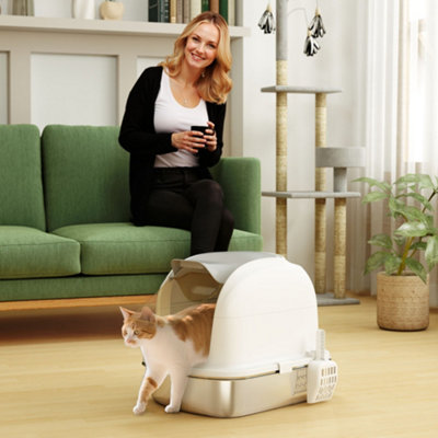 PawHut Stainless Steel Cat Litter Tray with Lid