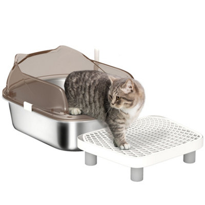 PawHut Stainless Steel Litter Box, Cat Litter Tray w/ Lid, Pedal