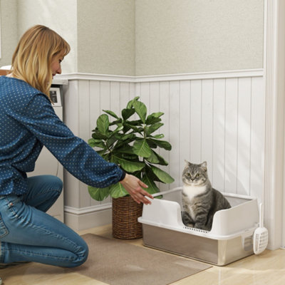 PawHut Stainless Steel High Sided Cat Litter Box With Scoop - Grey