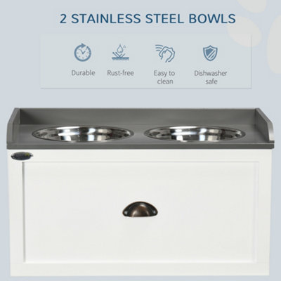 PawHut Raised Pet Feeding Storage Station with 2 Stainless Steel Bowls Base for Large Dogs and Other Large Pets, White