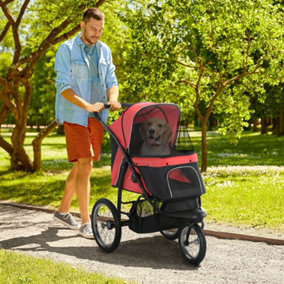PawHut Three-Wheel Pet Stroller, for Medium, Small Dogs, Foldable Cat Pram - Red