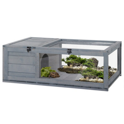 PawHut Tortoise House with Mesh Roof, Small Pet Reptile Wooden House, Tortoise Enclosure with Pulled-out Side Panel, Grey