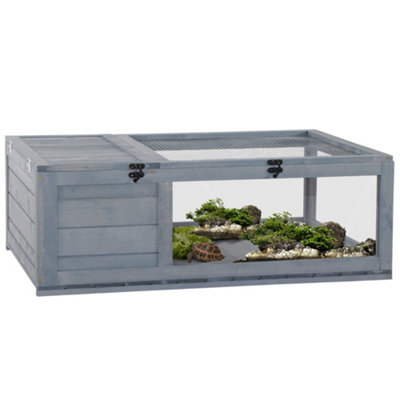 PawHut Tortoise House with Mesh Roof, Small Pet Reptile Wooden House, Tortoise Enclosure with Pulled-out Side Panel, Grey