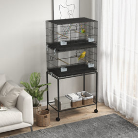 PawHut Two-Tier Bird Cage on Wheels with Stand, for Canaries