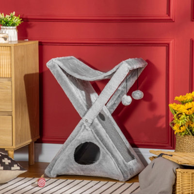 PawHut Two Tier Plush Folding Cat Tree Tower with Scratching Post Grey