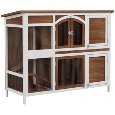 PawHut Two-Tier Wooden Rabbit Hutch w/ Openable Roof, Slide-Out Tray, Ramp