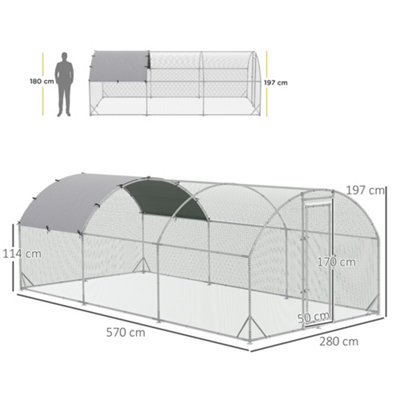 PawHut Walk-In Chicken Run Galvanised Chicken Coop w/ Cover 2.8 x 1.9 x 2m - 3