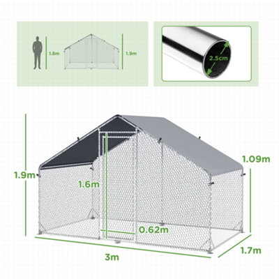 PawHut Walk In Chicken Run Large Galvanised Chicken Coop w/ Cover 3 x 1.7 x 1.9m - 3