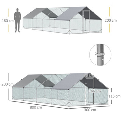 PawHut Walk In Chicken Run Large galvanised Chicken Coop w/ Cover 3 x 8 x 2m