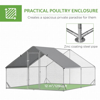PawHut Walk In Chicken Run Large Galvanized Chicken Coop w/ Cover 3 x 4 x 2m