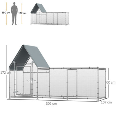 PawHut Walk In Chicken Run Large Outdoor Chicken Cage Coop w/ Cover 3 x 1 x 1.7m - 3