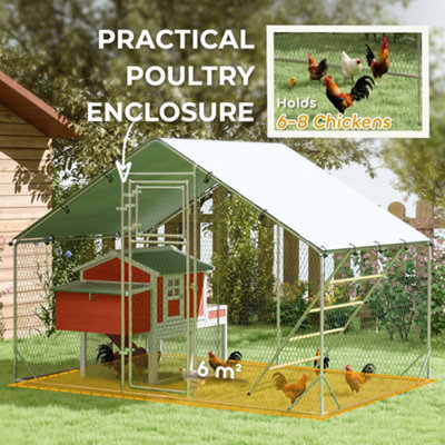 PawHut Walk-in Chicken Run w/ Cover, Hanging Feeder Perch, for 6-8 Poultry