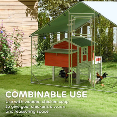 PawHut Walk-in Chicken Run w/ Cover, Hanging Feeder Perch, for 6-8 Poultry