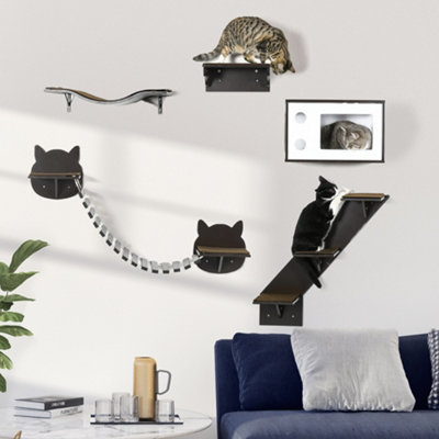 PawHut Wall-Mounted Cat Tree, 5 Piece Cat Wall Shelves with House, Brown Price Comparisons | Compare The Build