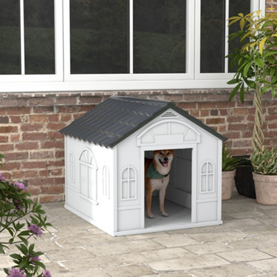 PawHut Weather-Resistant Dog House, Puppy Shelter for Large Dogs - Grey