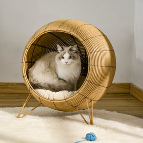 PawHut Wicker Cat Bed, Elevated Rattan Kitten Basket, Pet Den House, Cosy Cave, with Soft Cushion, Dia52 x 58 cm, Light Brown