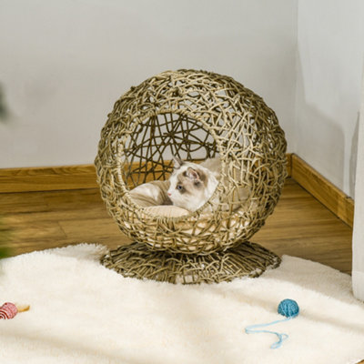 PawHut Wicker Cat Bed Elevated Rattan Kitten Basket Pet Den. House