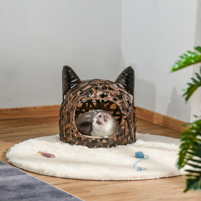 PawHut Wicker Cat Bed Rattan Kitten Basket Pet Den. House Cozy Cute shaped Cave with Soft Cushion Brown DIY at B Q