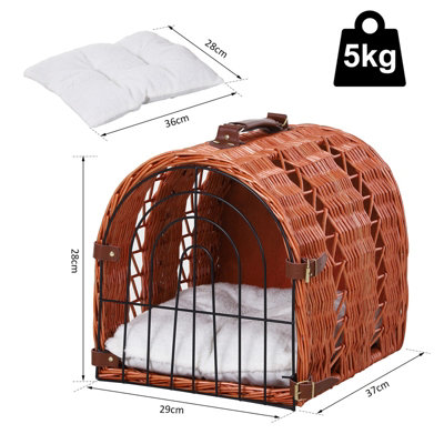 PawHut Wicker Cat Carrier Basket Kitten Bed Portable Pet Caves Houses w Soft Cushion 37 x