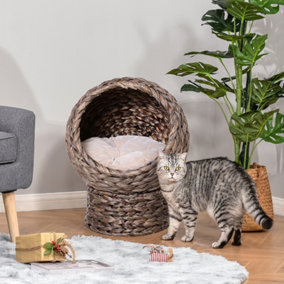 PawHut Wicker Cat House, Raised Cat Bed with Cushion, 42 x 33 x 52cm - Dark Brown