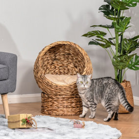 PawHut Wicker Cat House, Raised Cat Bed with Cylindrical Base, Soft Washable Cushion, Woven Water Hyacinth Cat Basket