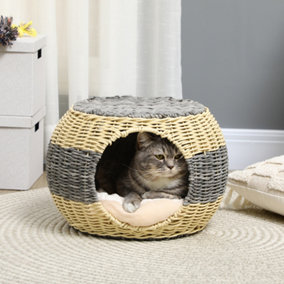 PawHut Wicker Cat House, Rattan Raised Cat Bed, Cosy Kitten Cave with Soft Washable Cushion, Dia40 x 30cm