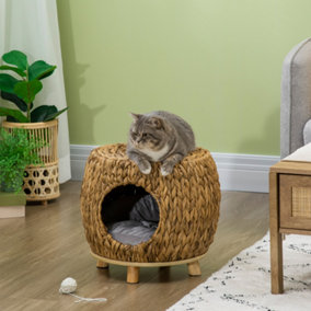 PawHut Wicker Cat House Stool for Rest, Rattan Kitten Bed for Indoor and Outdoor Use, Elevated Pet Bed with Soft Washable Cushion