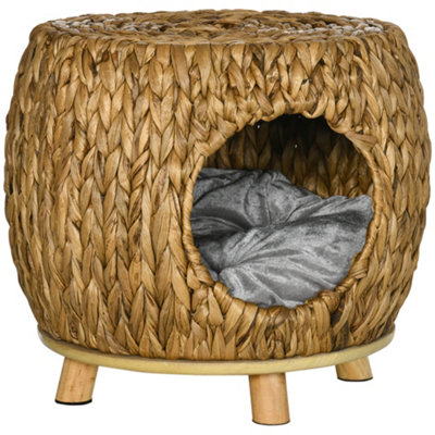 PawHut Wicker Cat House Stool for Rest, Rattan Kitten Bed for Indoor and Outdoor Use, Elevated Pet Bed with Soft Washable Cushion