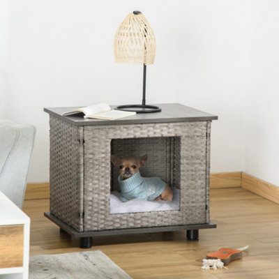 PawHut Wicker Dog House Rattan Pet Bed Cat House End Table Furniture with Soft Cushion Adjustable
