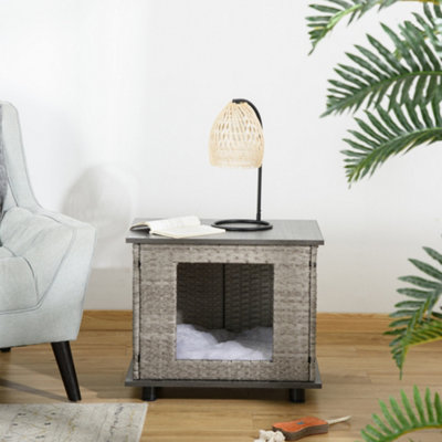 PawHut Wicker Dog House Rattan Pet Bed Cat House End Table Furniture with Soft Cushion Adjustable