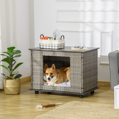 PawHut Wicker Dog House, Rattan Pet Bed, Cat House, End Table Furniture,  with Soft Cushion, Adjustable Feet