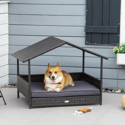 PawHut Wicker Dog House, Rattan Pet Bed with Soft Cushion, Cat Basket - Grey
