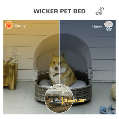 PawHut Wicker Pet Bed for Small Medium Dogs W Adjustable Canopy Cushion Grey