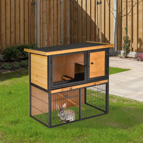 PawHut Wood-metal Rabbit Hutch Guinea Pig Hutch Elevated Pet House Bunny Cage with Slide-Out Tray Openable Roof Outdoor