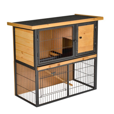 PawHut Wood-metal Rabbit Hutch Guinea Pig Hutch Elevated Pet House Bunny Cage with Slide-Out Tray Openable Roof Outdoor